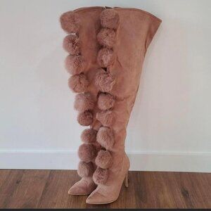 Cape Robbin tan/ taupe/blush thigh high pom pom boots